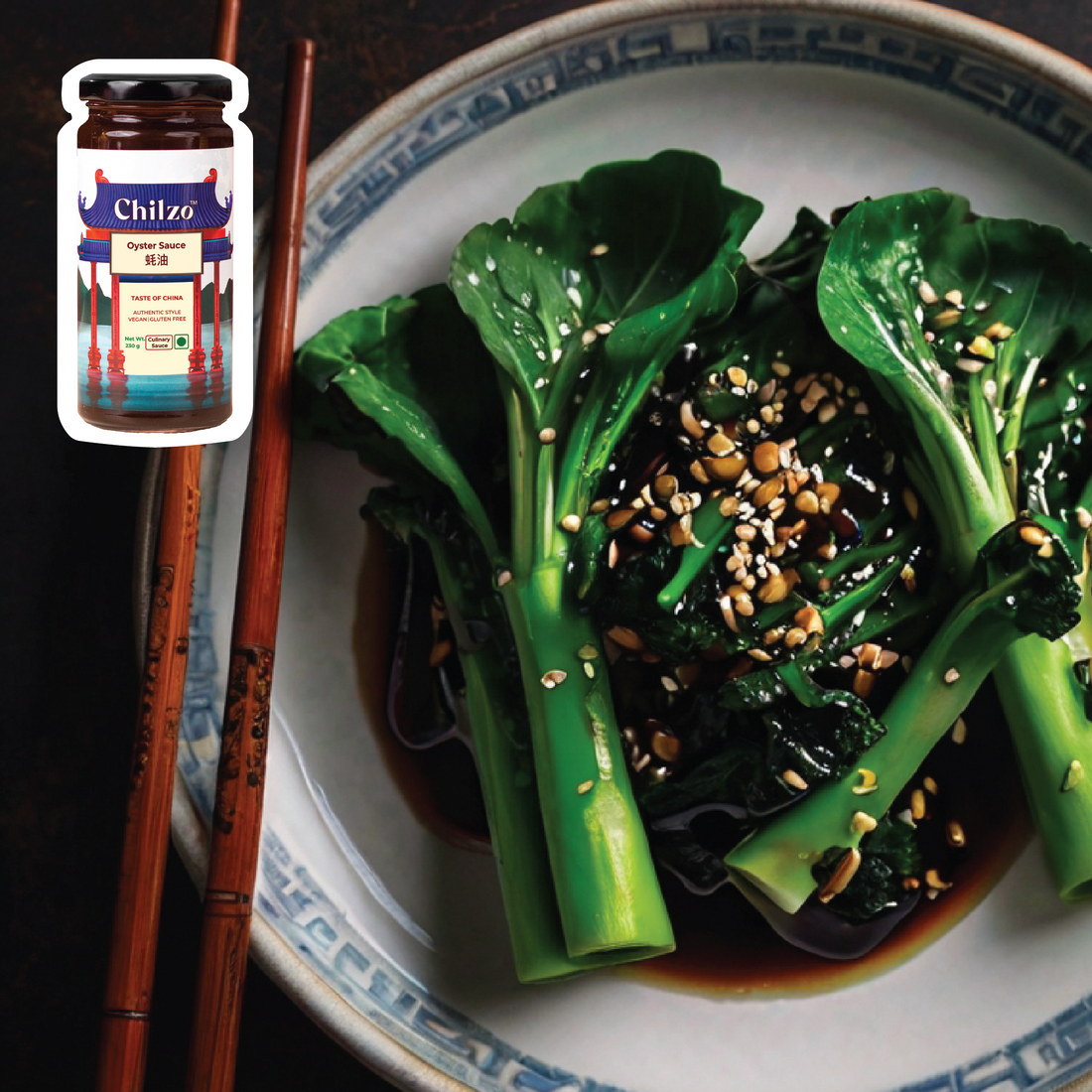 Blanched Chinese broccoli drizzled with Chilzo's Oyster Sauce. Best Chinese broccoli recipe for a satisfying and authentic meal! 