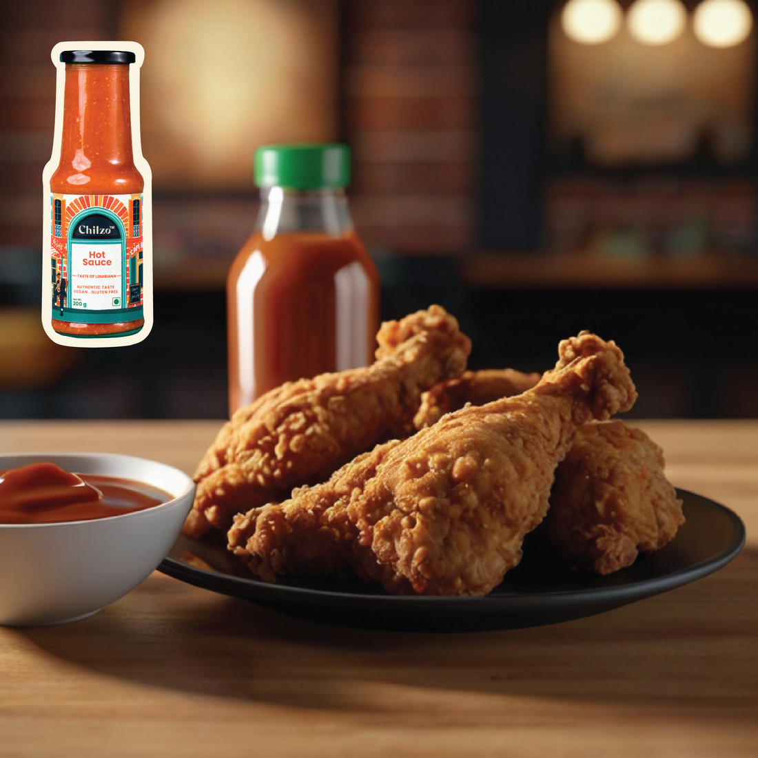 Juicy & glazed spicy fried chicken with a side of Chilzo's Hot Sauce- at home recipe. 