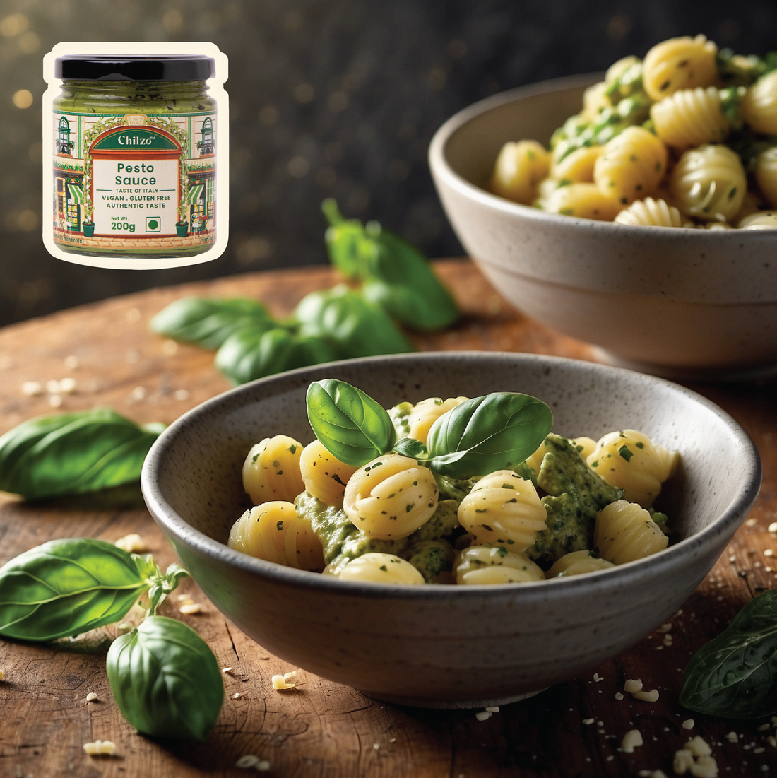 Creamy gnocchi pesto recipe: topped with cheese and basil, made with Chilzo's Pesto Sauce. 