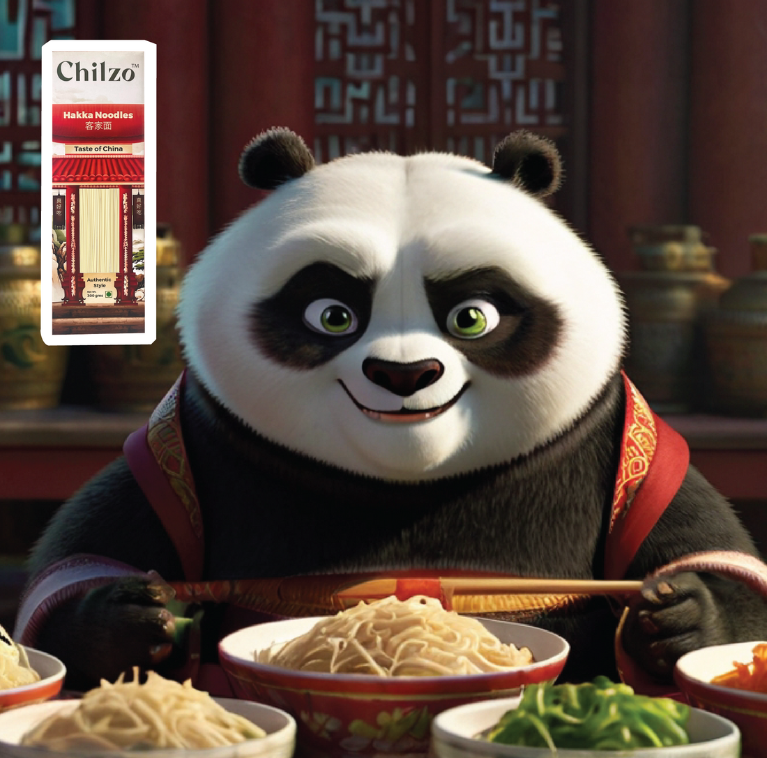 Po from Kung Fu Panda happily slurps noodles, surrounded by Chilzo's Hakka noodles, creating a vibrant and playful scene.