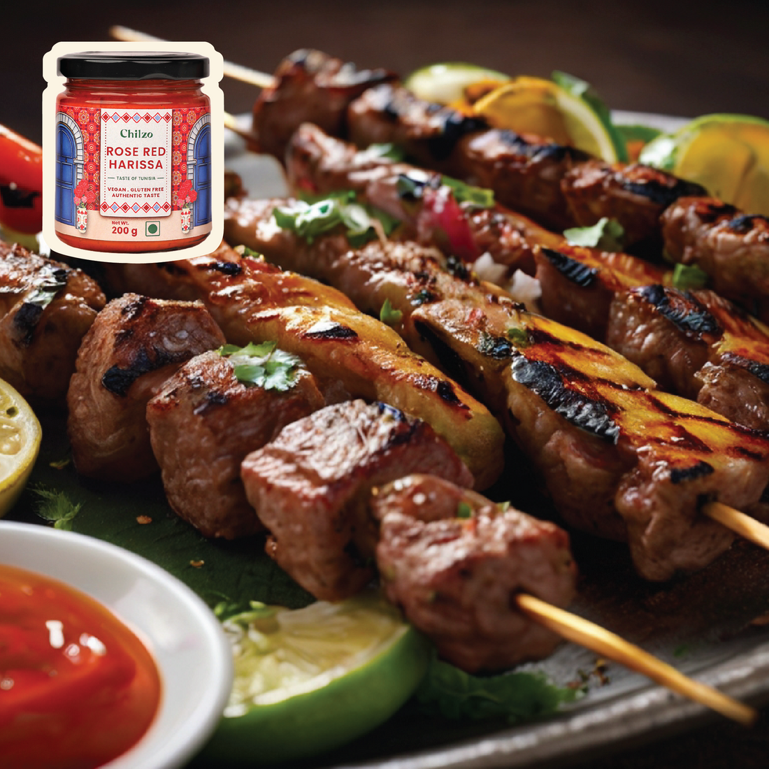 Delicious & flavourful Lebanese kebabs on skewers. Made with Chilzo's Rose Red Harissa.
