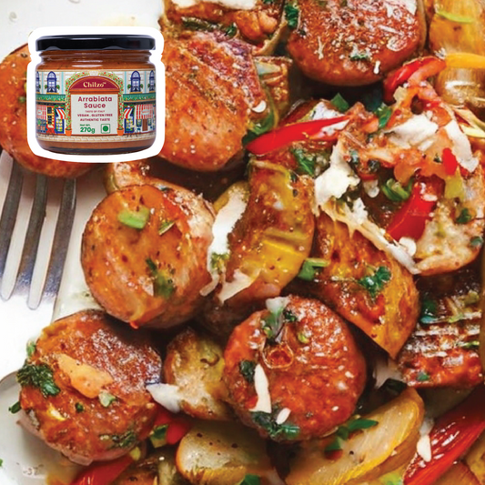 Delicious sausage & pepper skillet recipe with Chilzo's marinara sauce: a savoury main dish! 