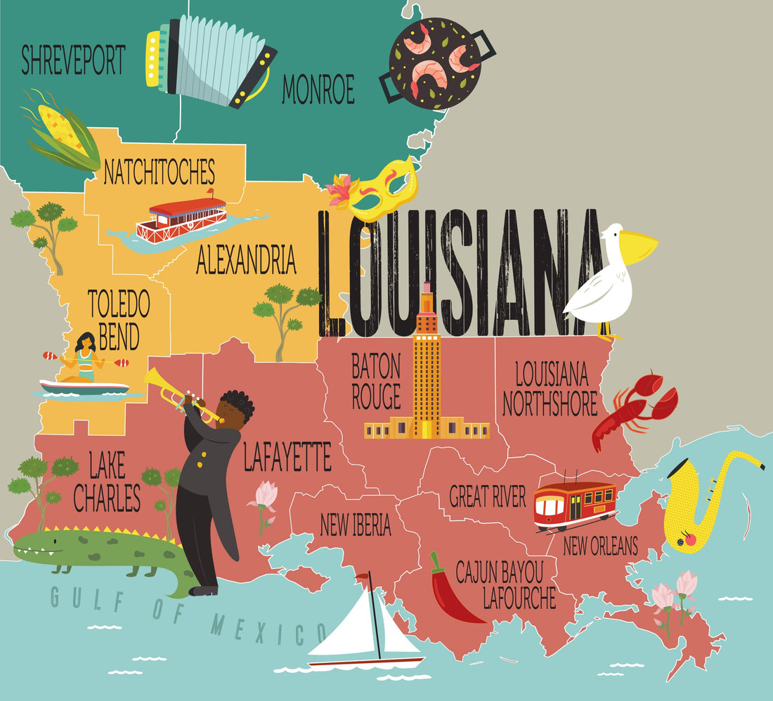 A map of Louisiana with vibrant highlights, featuring Chilzo's authentic Louisiana hot sauce as a spicy icon marking.