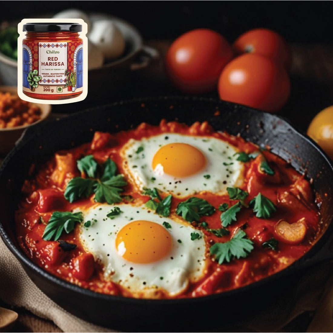 Vibrant & flavourful Moroccan shakshuka recipe made with eggs, red harissa, & fresh coriander. 