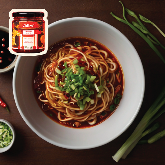 Spicy Chilli Oil Noodles drizzled with Chilzo's chilli oil, offering a rich, flavourful, and aromatic dish.