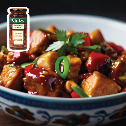 Spicy Kung Pao chicken recipe served with rice on the side- made with Chilzo's Kung Pao sauce. 