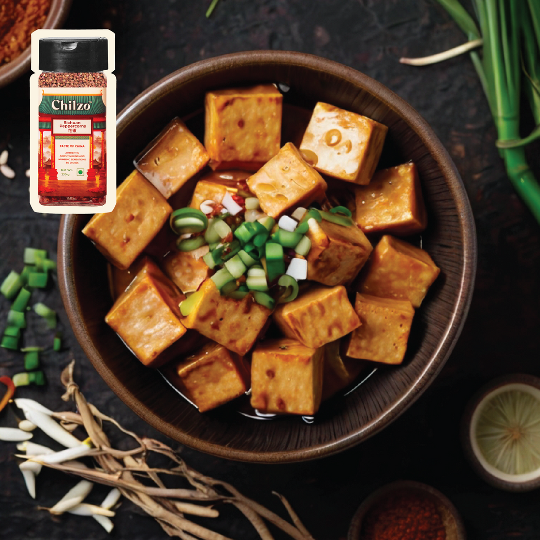 Spicy mapo tofu served in a bowl. Mapo tofu recipe made with Chilzo's Sichuan peppercorns.