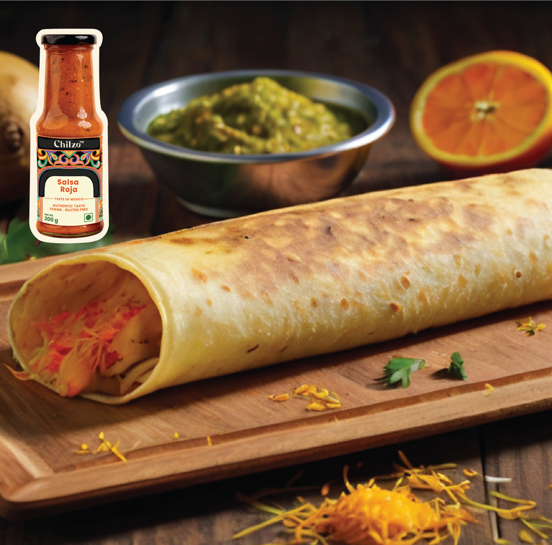  Mexican Dosa recipe with Chilzo's Salsa Picante- packed with classic potato filling.  