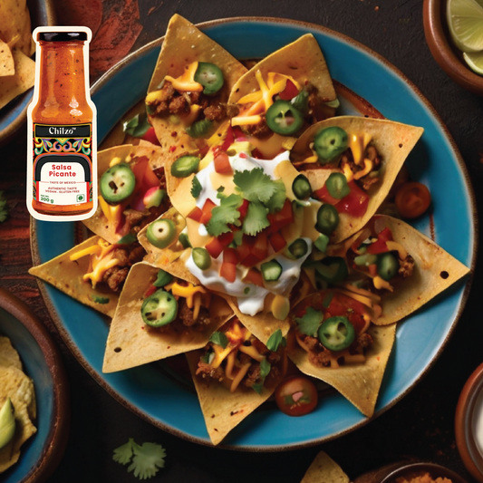 A pan filled with crispy nachos with melted cheese, meat, tomatoes, olives, jalapeños drizzled with salsa picante sauce.