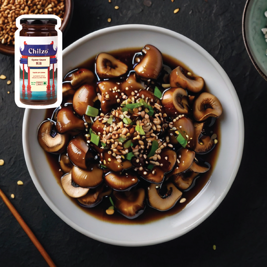 Mushrooms cooked to perfection in Chilzo's Oyster Sauce topped with fresh spring onions and loads of sesame seeds. 