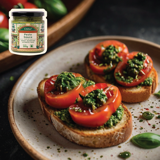 Pesto Bruschetta recipe made with Chilzo's pesto sauce, fresh tomatoes &  loads of cheese. 