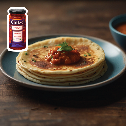A plate of crispy chilla topped with spicy Chilzo Schezwan sauce, garnished with chopped herbs and red chili flakes.